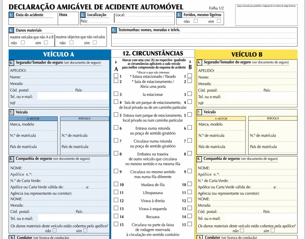 Exemplo de declaração amigável de acidente automóvel